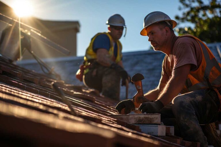 Roofers inspect damp attic insulation beneath a newly repaired residential roof.