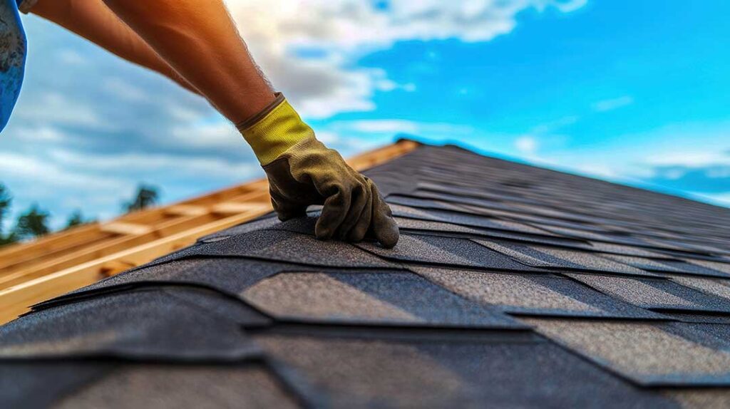 A homeowner examines water staining beneath a roof while rain falls outside.