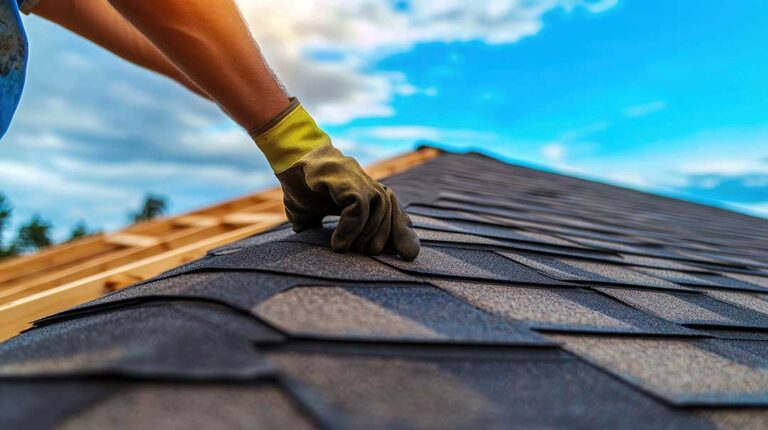 A homeowner examines water staining beneath a roof while rain falls outside.